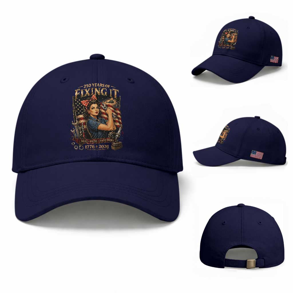 Patriotic Rosie Mechanic Feminist Pride Baseball Cap 250 Years Of Fixing It TS12 Baseball Cap Universal Fit Dark Blue Print Your Wear