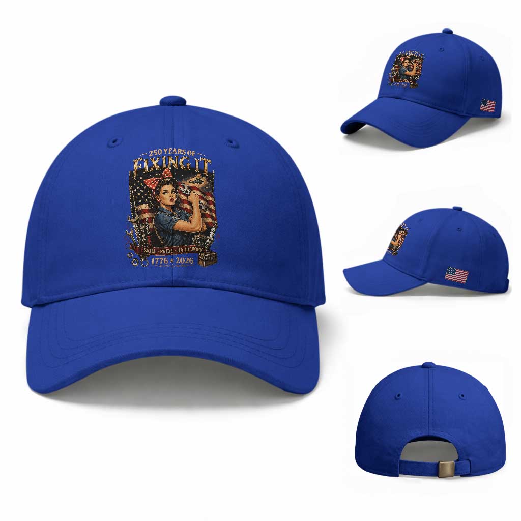 Patriotic Rosie Mechanic Feminist Pride Baseball Cap 250 Years Of Fixing It TS12 Baseball Cap Universal Fit Royal Blue Print Your Wear