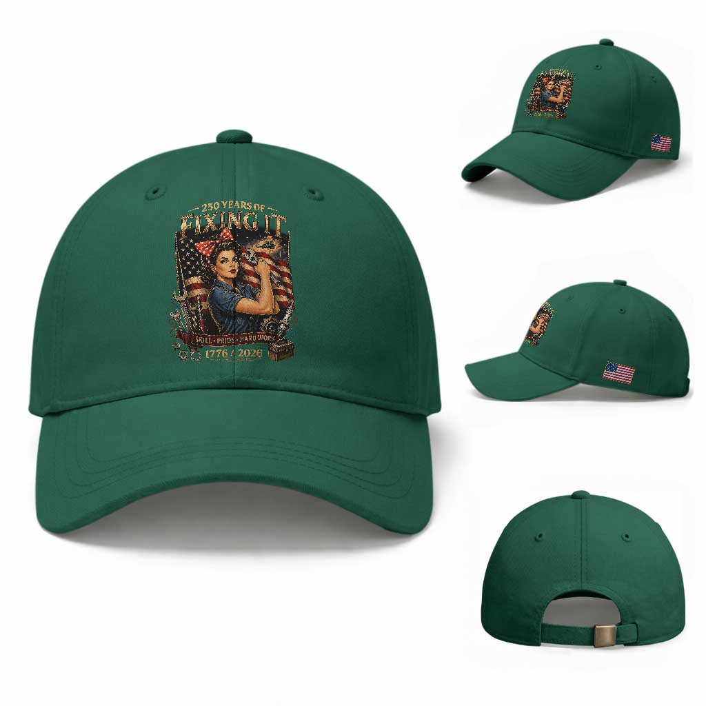 Patriotic Rosie Mechanic Feminist Pride Baseball Cap 250 Years Of Fixing It TS12 Baseball Cap Universal Fit Irish Green Print Your Wear