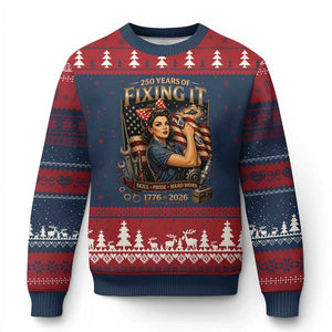 Patriotic Rosie Mechanic Feminist Pride Ugly Christmas Sweater 250 Years Of Fixing It TS12 Navy Red Print Your Wear
