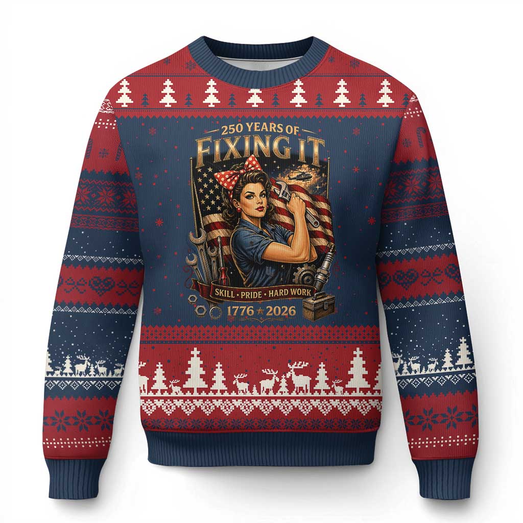 Patriotic Rosie Mechanic Feminist Pride Ugly Christmas Sweater 250 Years Of Fixing It TS12 Navy Red Print Your Wear
