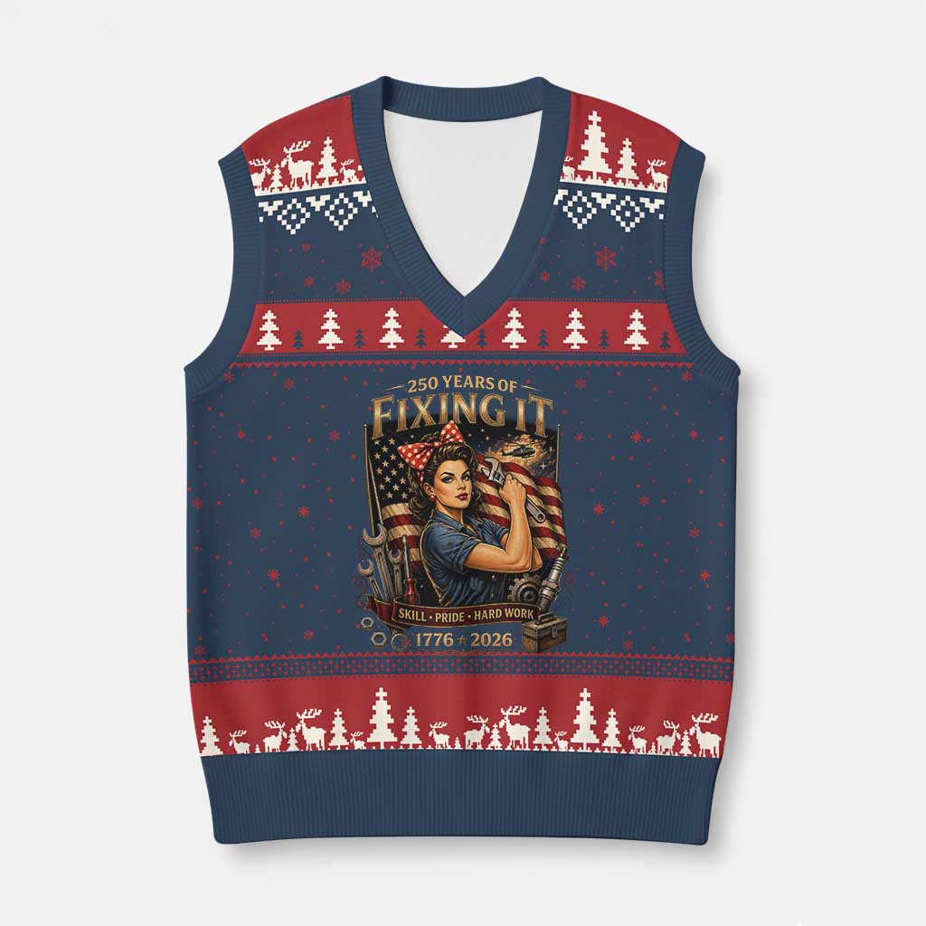 Patriotic Rosie Mechanic Feminist Pride V-Neck Knit Sweater Vest 250 Years Of Fixing It TS12 Navy Red Print Your Wear