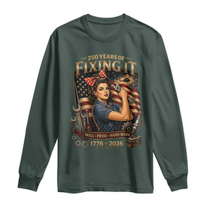 Patriotic Rosie Mechanic Feminist Pride Long Sleeve Shirt 250 Years Of Fixing It TS12 Dark Forest Green Print Your Wear