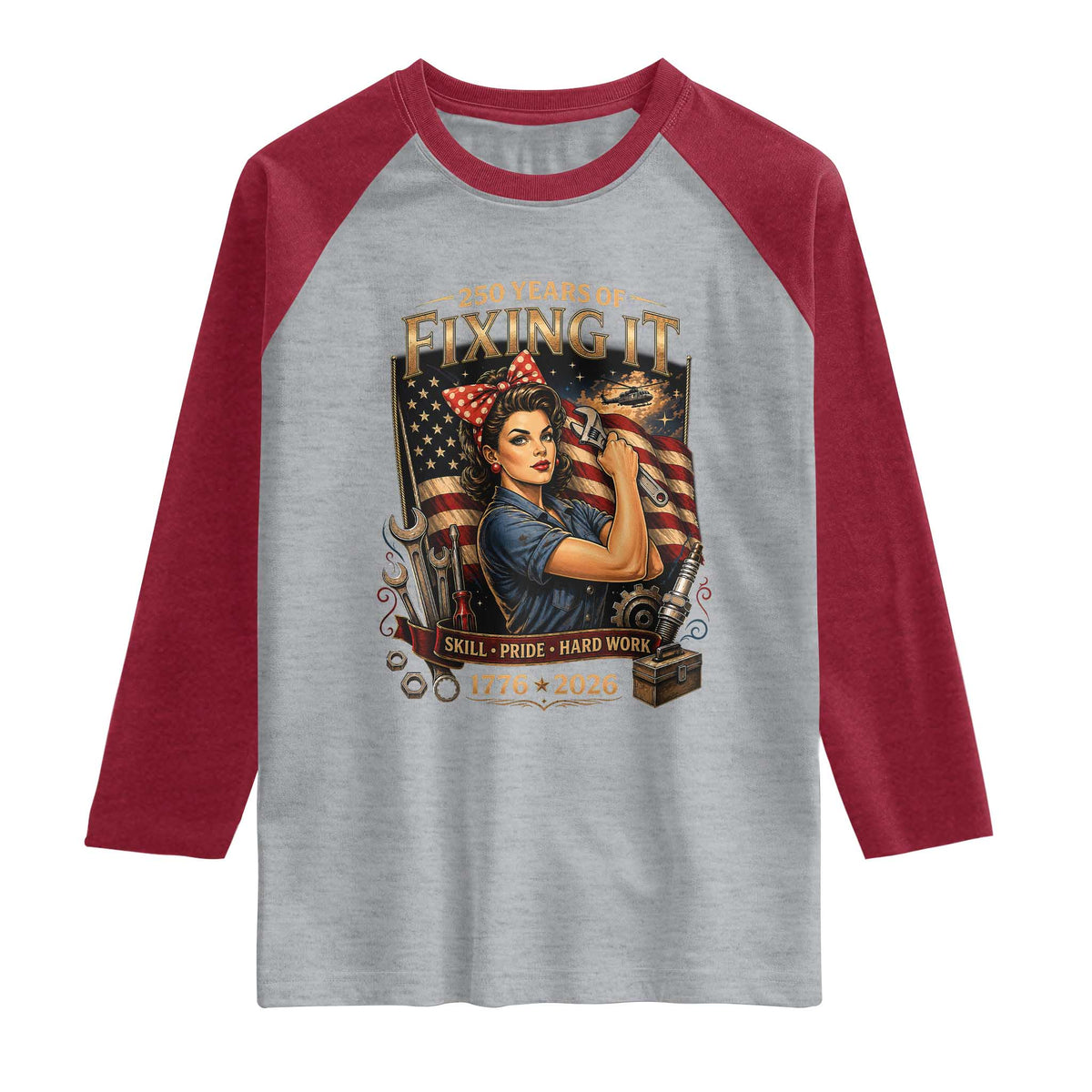 Patriotic Rosie Mechanic Feminist Pride Raglan Shirt 250 Years Of Fixing It TS12 Heather Gray Heather Red Print Your Wear