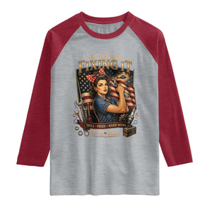 Patriotic Rosie Mechanic Feminist Pride Raglan Shirt 250 Years Of Fixing It TS12 Heather Gray Heather Red Print Your Wear