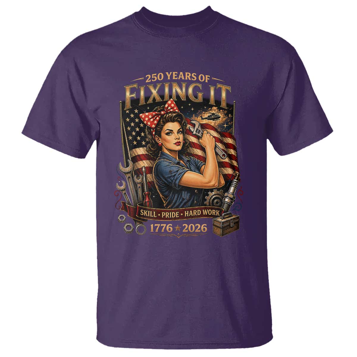 Patriotic Rosie Mechanic Feminist Pride T Shirt 250 Years Of Fixing It TS12 Purple Print Your Wear