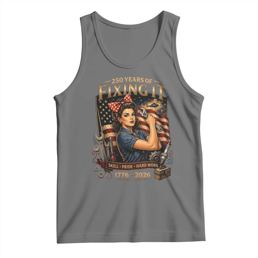 Patriotic Rosie Mechanic Feminist Pride Tank Top 250 Years Of Fixing It TS12 Black Heather Print Your Wear