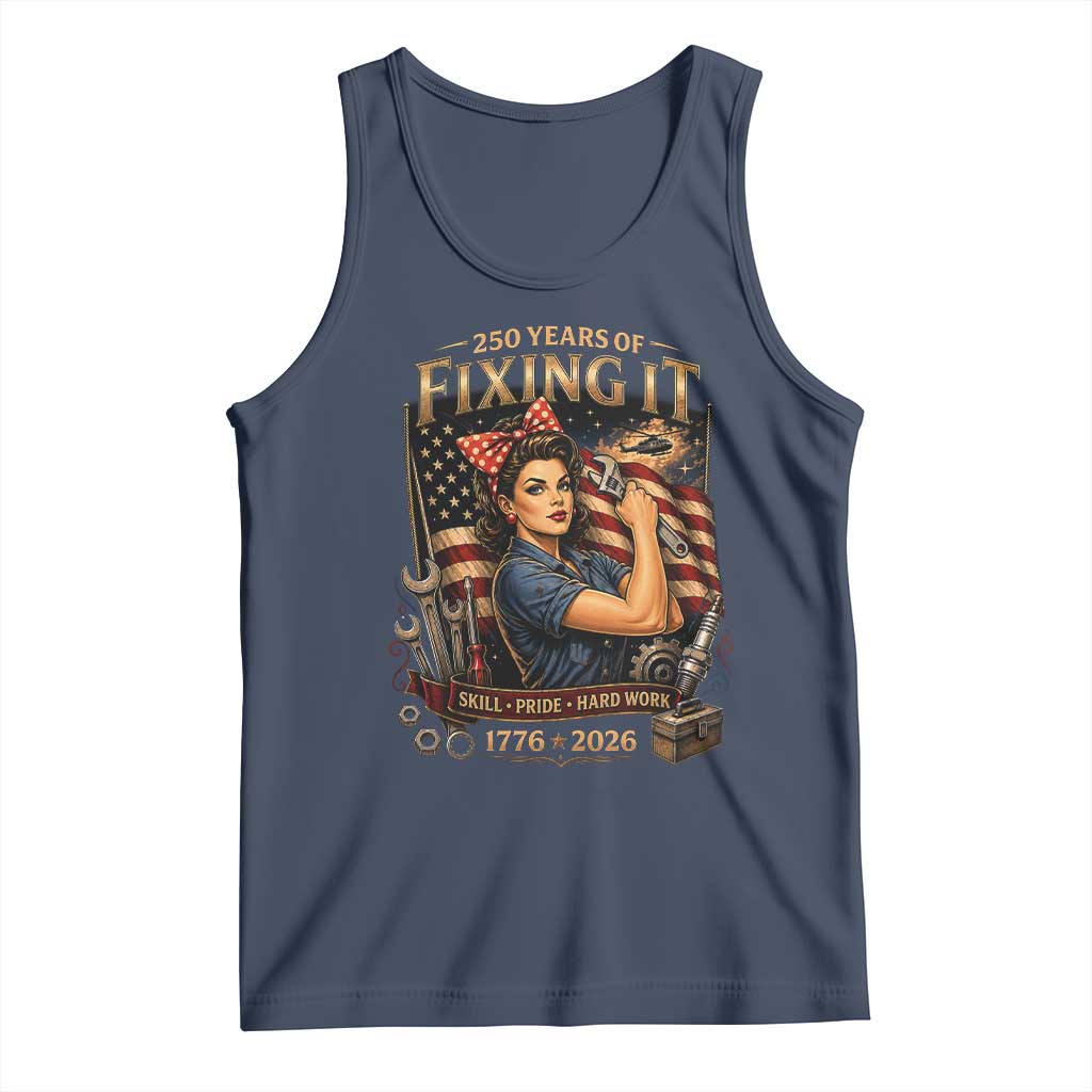 Patriotic Rosie Mechanic Feminist Pride Tank Top 250 Years Of Fixing It TS12 Navy Print Your Wear