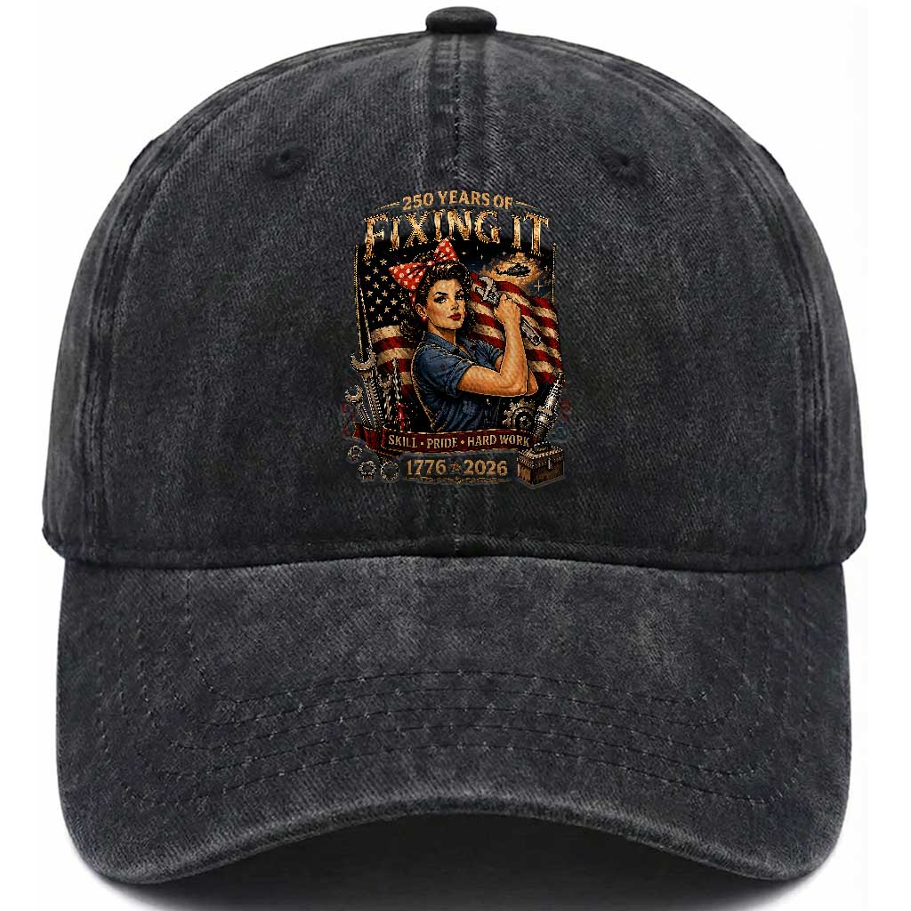 Patriotic Rosie Mechanic Feminist Pride Washed Cotton Baseball Cap 250 Years Of Fixing It TS12 Print Your Wear