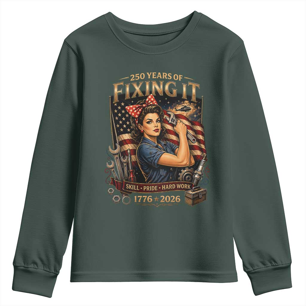 Patriotic Rosie Mechanic Feminist Pride Youth Sweatshirt 250 Years Of Fixing It TS12 Dark Forest Green Print Your Wear