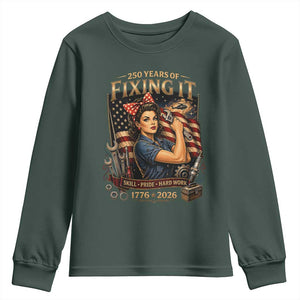 Patriotic Rosie Mechanic Feminist Pride Youth Sweatshirt 250 Years Of Fixing It TS12 Dark Forest Green Print Your Wear