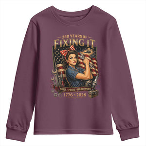 Patriotic Rosie Mechanic Feminist Pride Youth Sweatshirt 250 Years Of Fixing It TS12 Maroon Print Your Wear