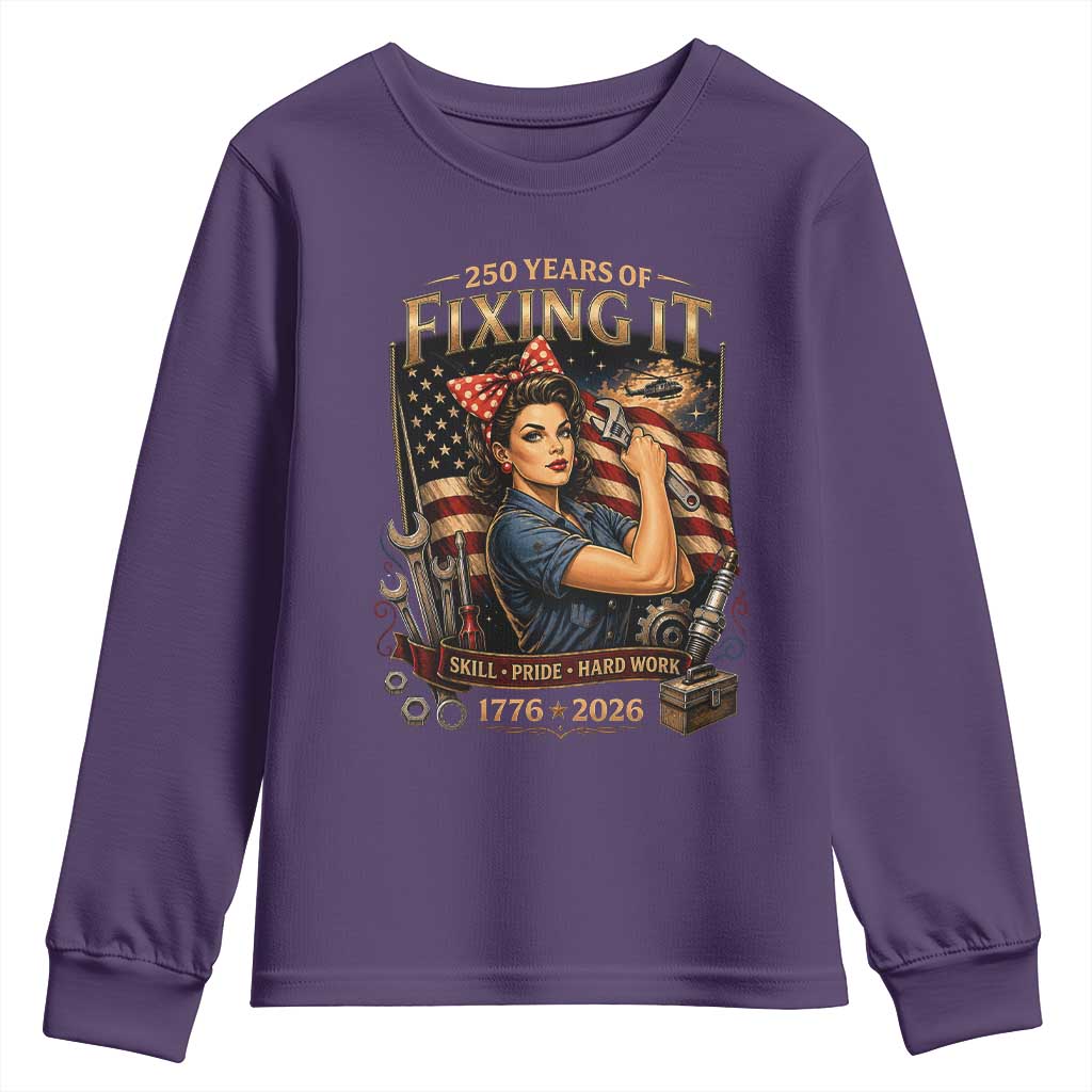 Patriotic Rosie Mechanic Feminist Pride Youth Sweatshirt 250 Years Of Fixing It TS12 Purple Print Your Wear