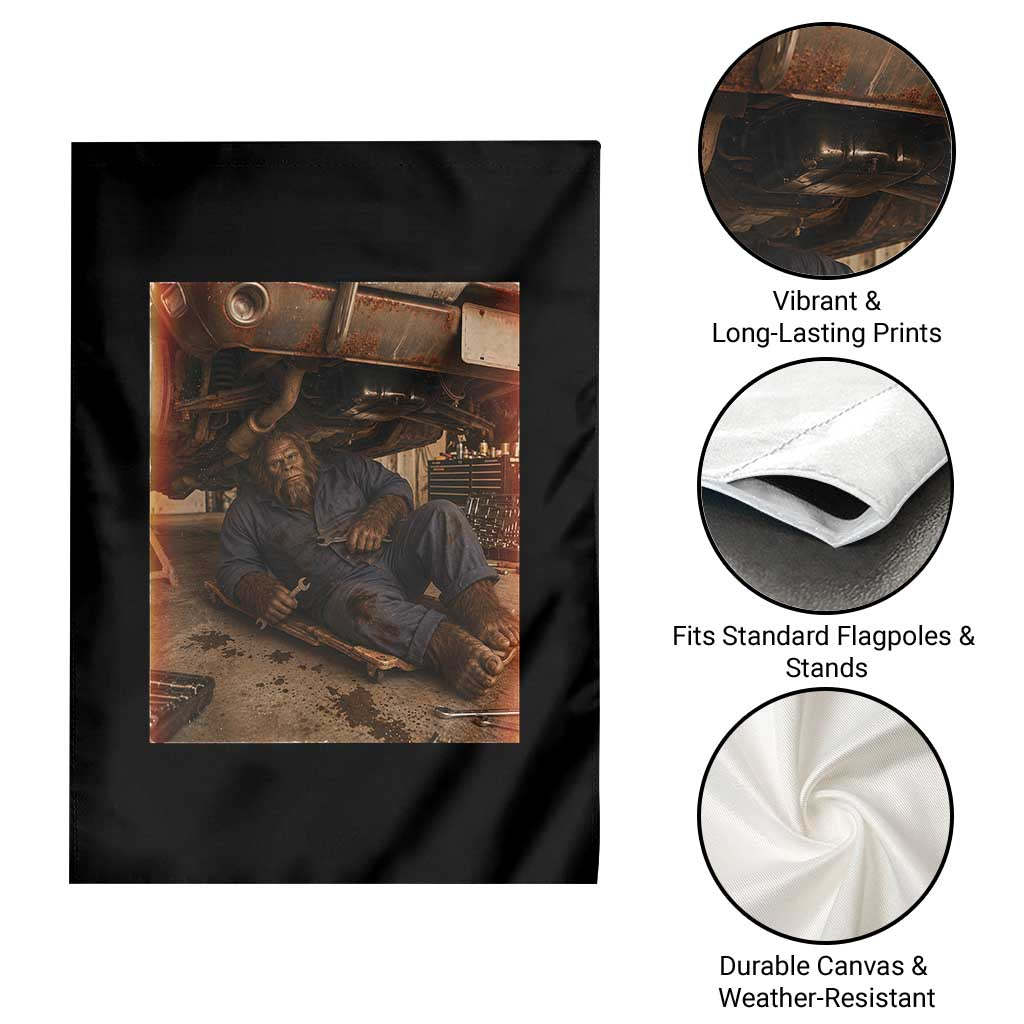 Bigfoot Mechanic Meme Garden Flag Funny Sasquatch Fixing Cars TS12 Print Your Wear