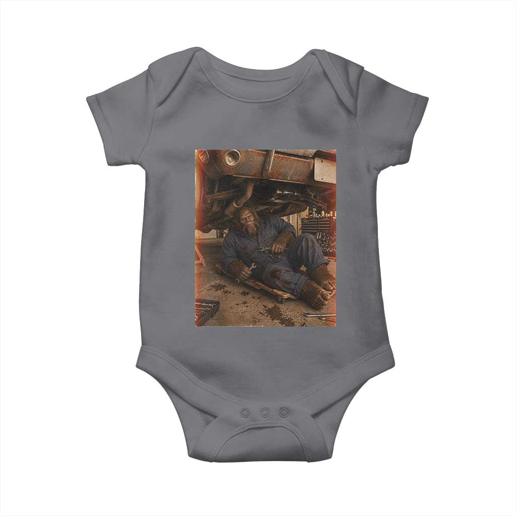 Bigfoot Mechanic Meme Baby Onesie Funny Sasquatch Fixing Cars TS12 Charcoal Print Your Wear