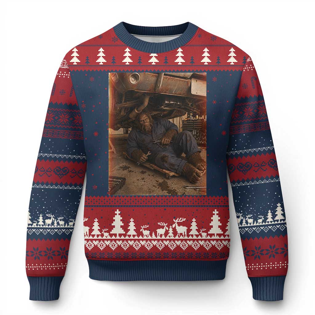 Bigfoot Mechanic Meme Ugly Christmas Sweater Funny Sasquatch Fixing Cars TS12 Navy Red Print Your Wear