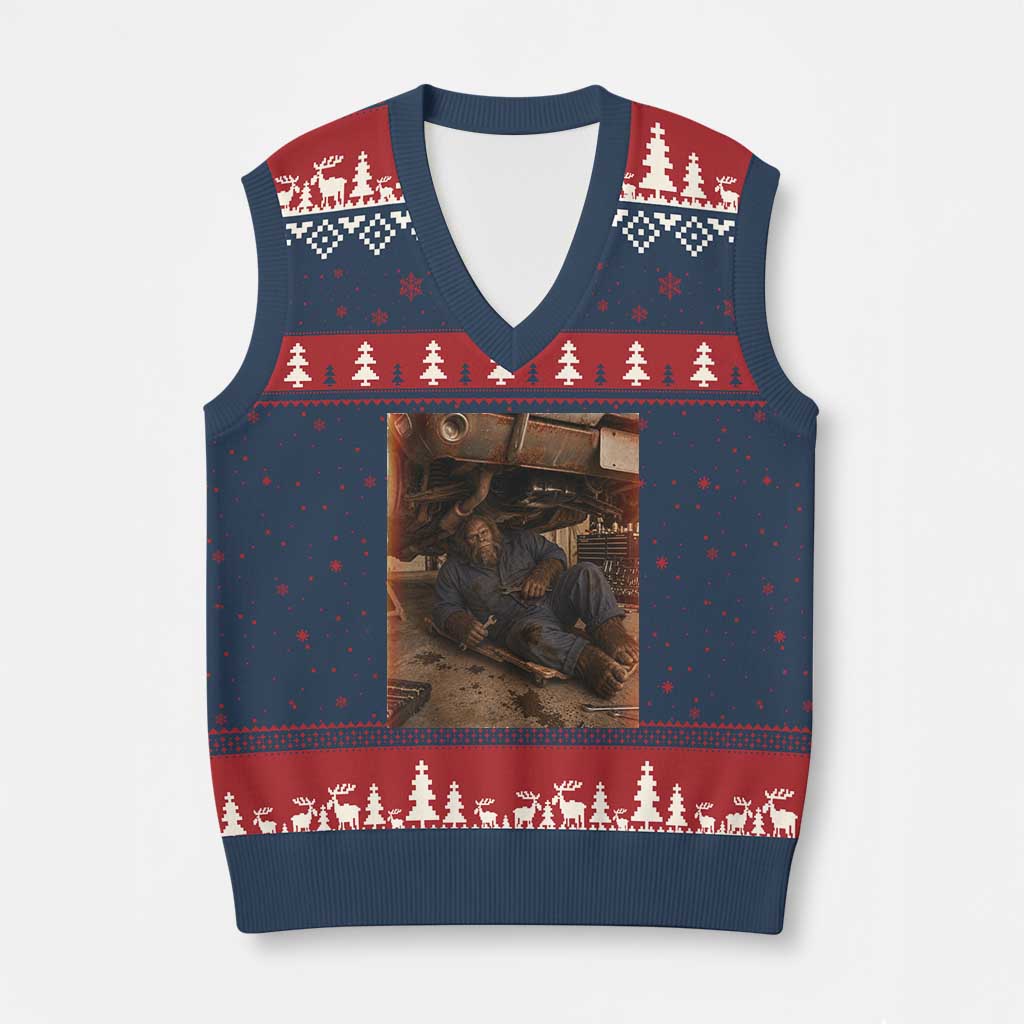 Bigfoot Mechanic Meme V-Neck Knit Sweater Vest Funny Sasquatch Fixing Cars TS12 Navy Red Print Your Wear