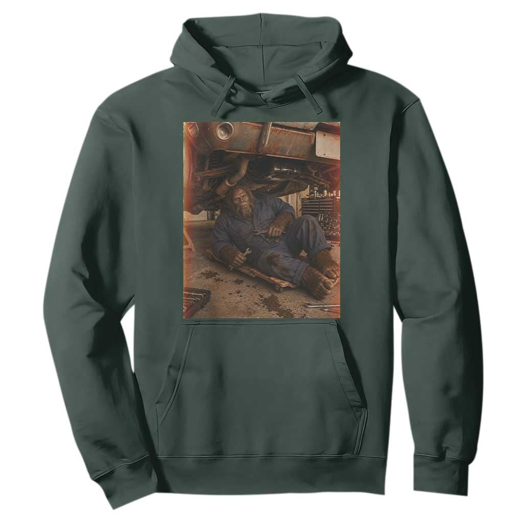 Bigfoot Mechanic Meme Hoodie Funny Sasquatch Fixing Cars TS12 Dark Forest Green Print Your Wear