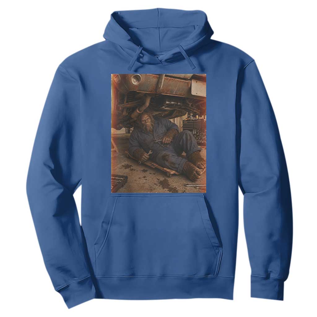 Bigfoot Mechanic Meme Hoodie Funny Sasquatch Fixing Cars TS12 Royal Blue Print Your Wear