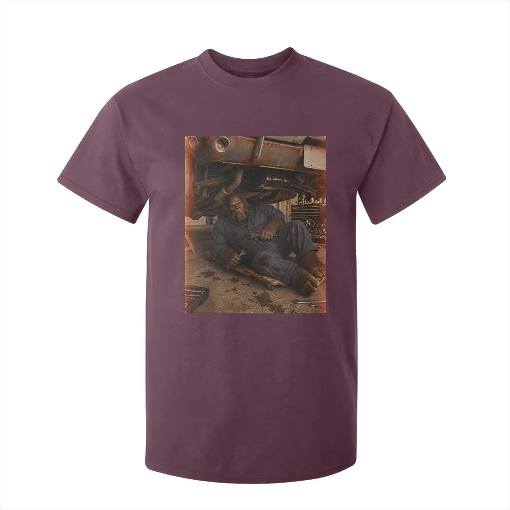 Bigfoot Mechanic Meme T Shirt For Kid Funny Sasquatch Fixing Cars TS12 Maroon Print Your Wear
