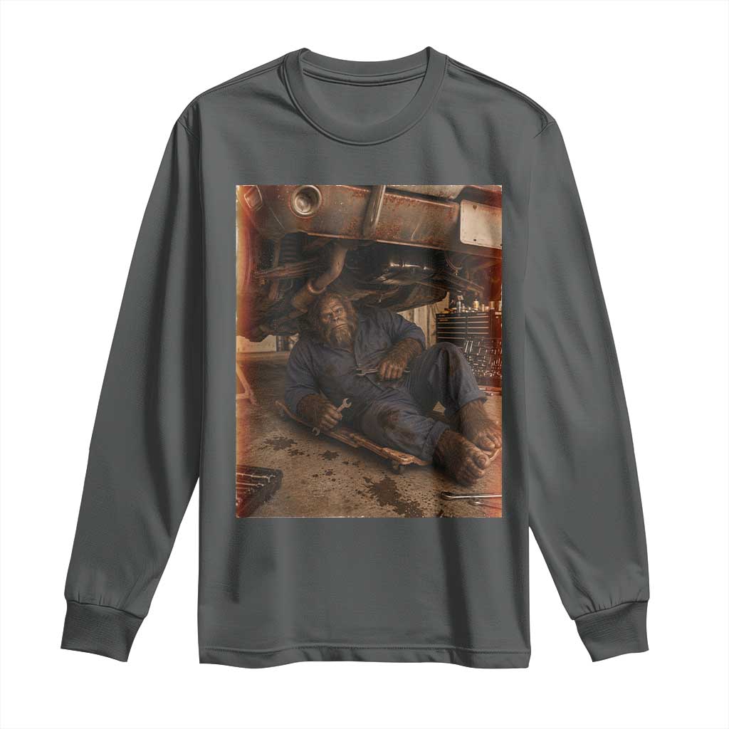 Bigfoot Mechanic Meme Long Sleeve Shirt Funny Sasquatch Fixing Cars TS12 Dark Heather Print Your Wear