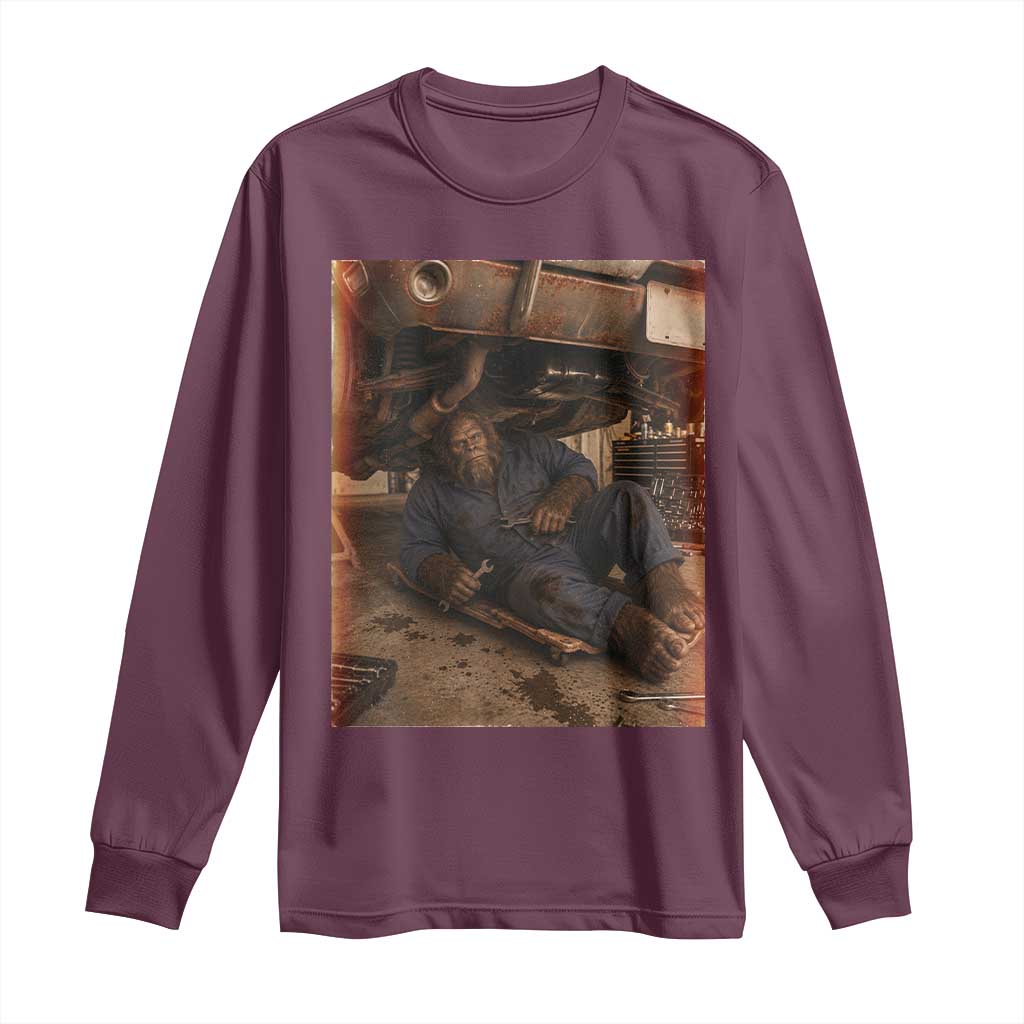 Bigfoot Mechanic Meme Long Sleeve Shirt Funny Sasquatch Fixing Cars TS12 Maroon Print Your Wear