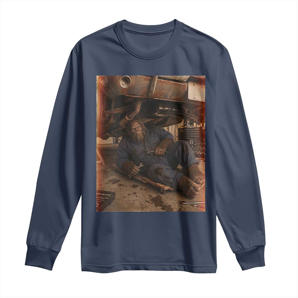 Bigfoot Mechanic Meme Long Sleeve Shirt Funny Sasquatch Fixing Cars TS12 Navy Print Your Wear