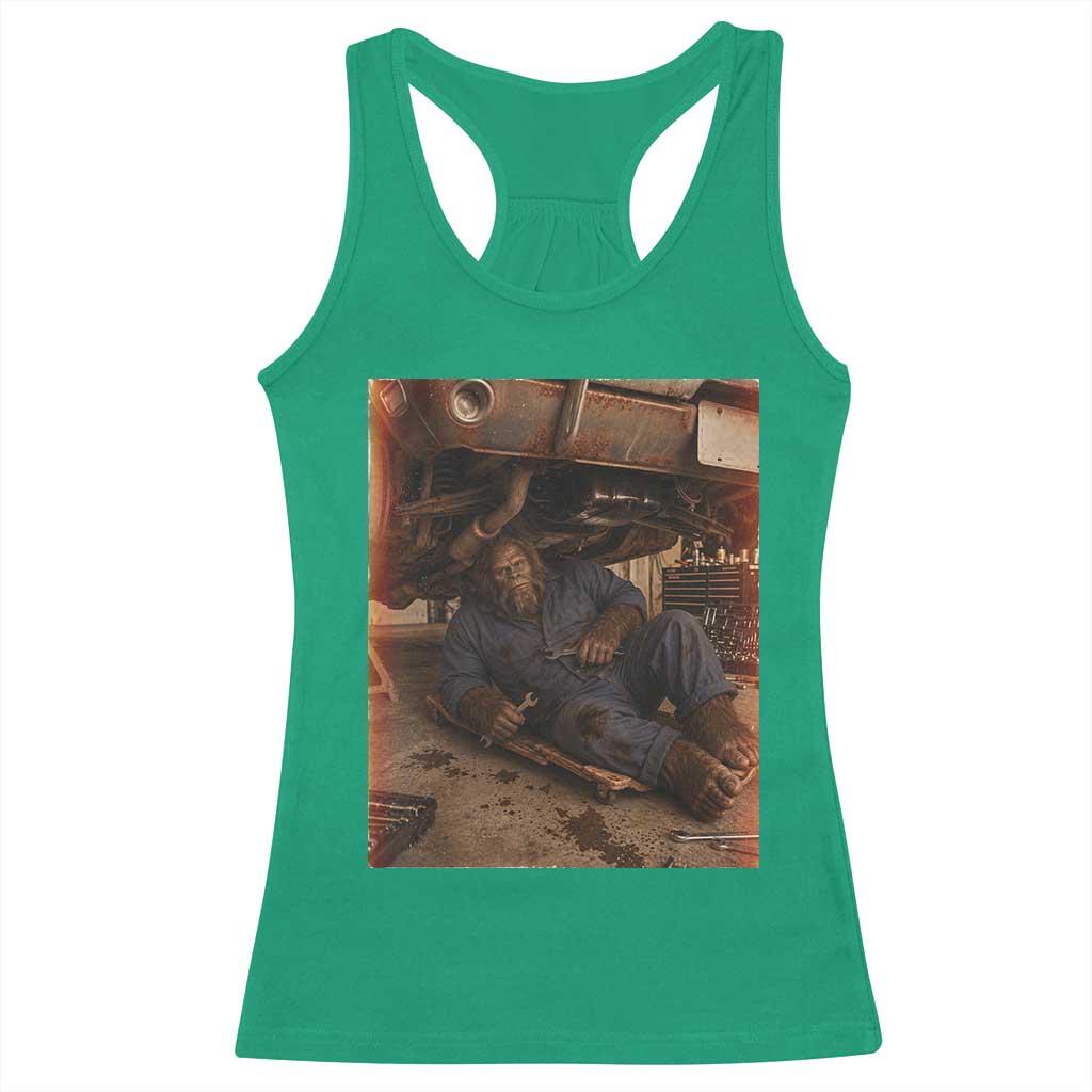 Bigfoot Mechanic Meme Racerback Tank Top Funny Sasquatch Fixing Cars TS12 Irish Green Print Your Wear