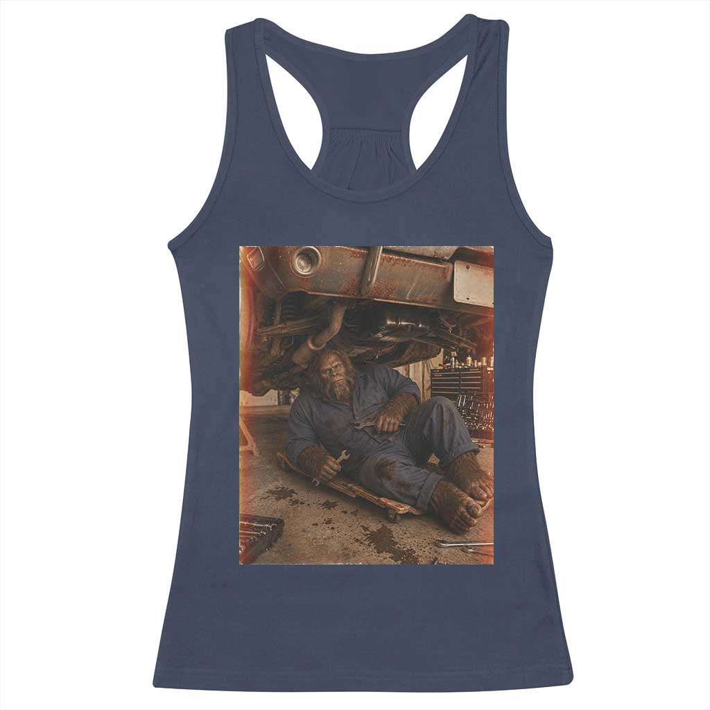 Bigfoot Mechanic Meme Racerback Tank Top Funny Sasquatch Fixing Cars TS12 Navy Print Your Wear