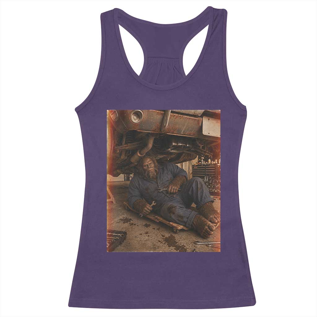 Bigfoot Mechanic Meme Racerback Tank Top Funny Sasquatch Fixing Cars TS12 Purple Print Your Wear