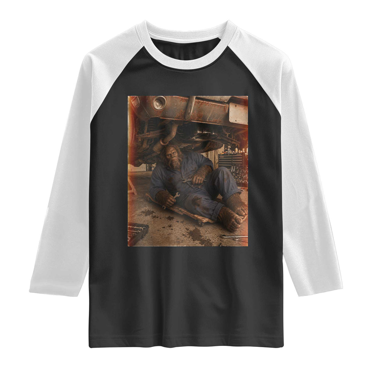 Bigfoot Mechanic Meme Raglan Shirt Funny Sasquatch Fixing Cars TS12 Black White Print Your Wear