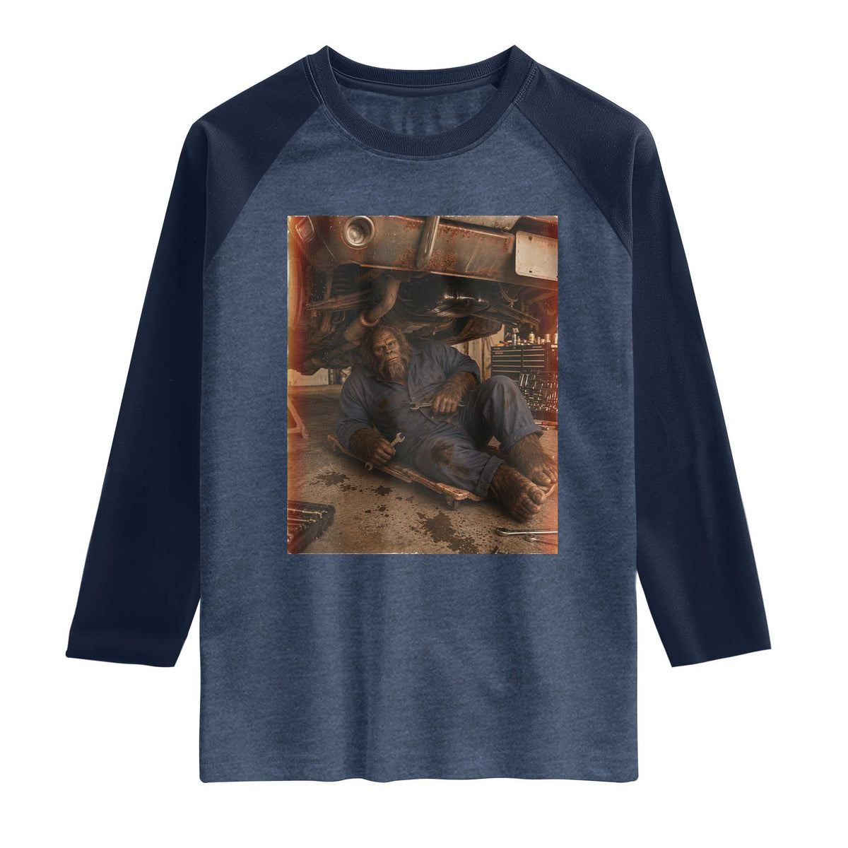 Bigfoot Mechanic Meme Raglan Shirt Funny Sasquatch Fixing Cars TS12 Heather Denim Navy Print Your Wear