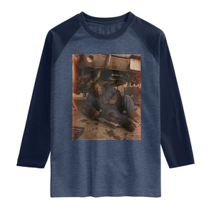 Bigfoot Mechanic Meme Raglan Shirt Funny Sasquatch Fixing Cars TS12 Heather Denim Navy Print Your Wear