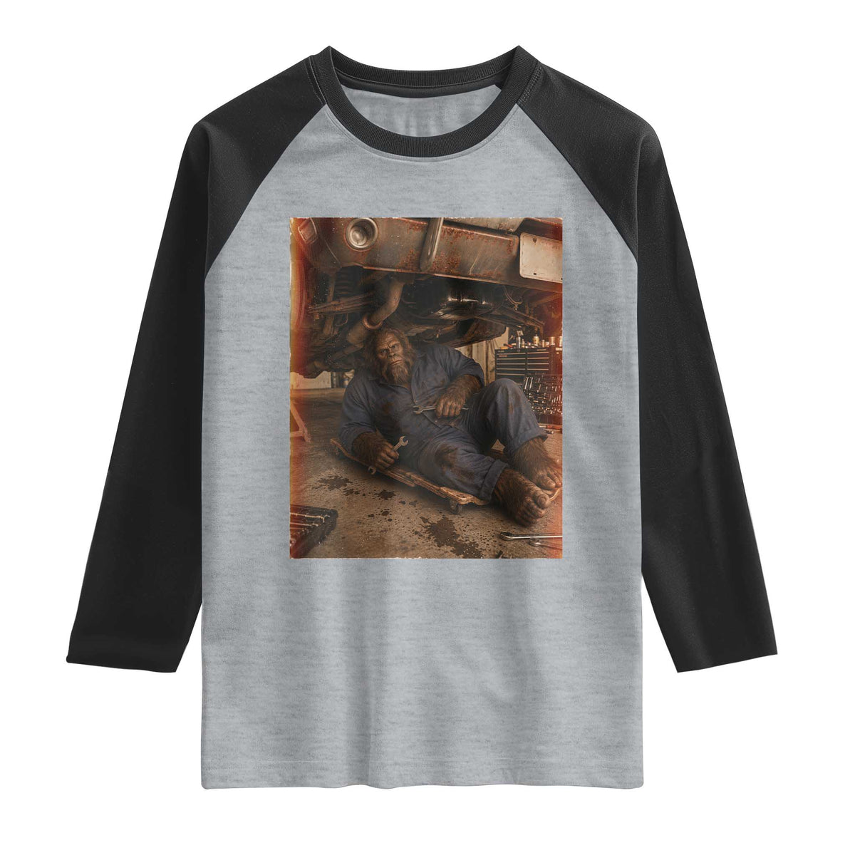 Bigfoot Mechanic Meme Raglan Shirt Funny Sasquatch Fixing Cars TS12 Heather Gray Black Print Your Wear
