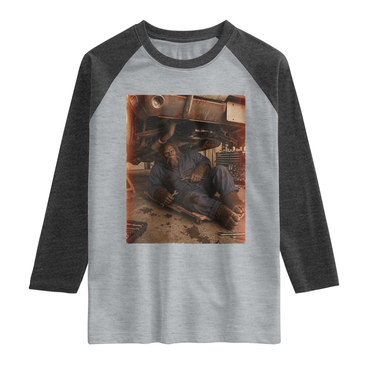 Bigfoot Mechanic Meme Raglan Shirt Funny Sasquatch Fixing Cars TS12 Heather Gray Heather Charcoal Print Your Wear