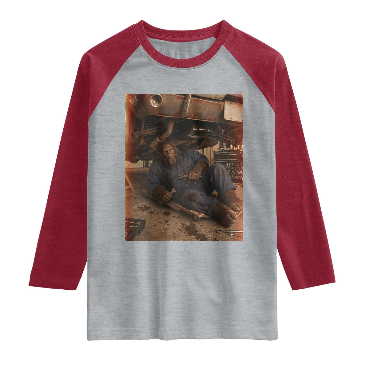 Bigfoot Mechanic Meme Raglan Shirt Funny Sasquatch Fixing Cars TS12 Heather Gray Heather Red Print Your Wear