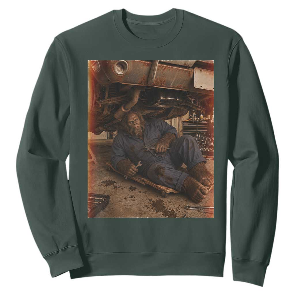 Bigfoot Mechanic Meme Sweatshirt Funny Sasquatch Fixing Cars TS12 Dark Forest Green Print Your Wear