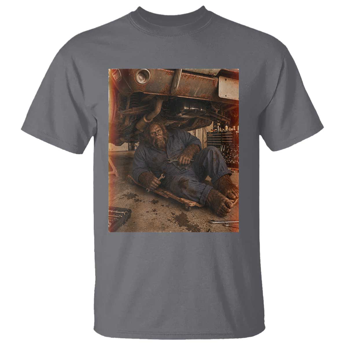 Bigfoot Mechanic Meme T Shirt Funny Sasquatch Fixing Cars TS12 Charcoal Print Your Wear