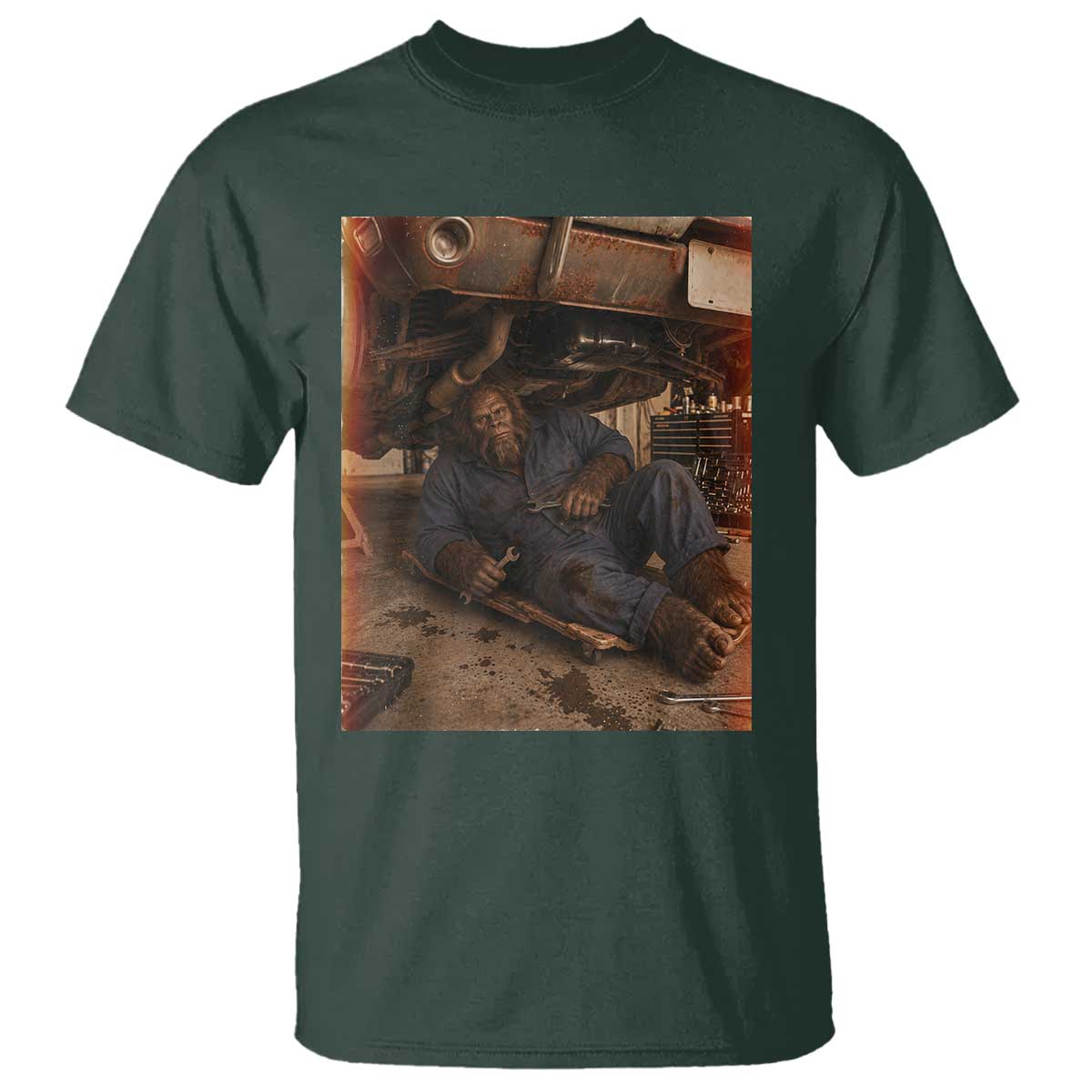Bigfoot Mechanic Meme T Shirt Funny Sasquatch Fixing Cars TS12 Dark Forest Green Print Your Wear