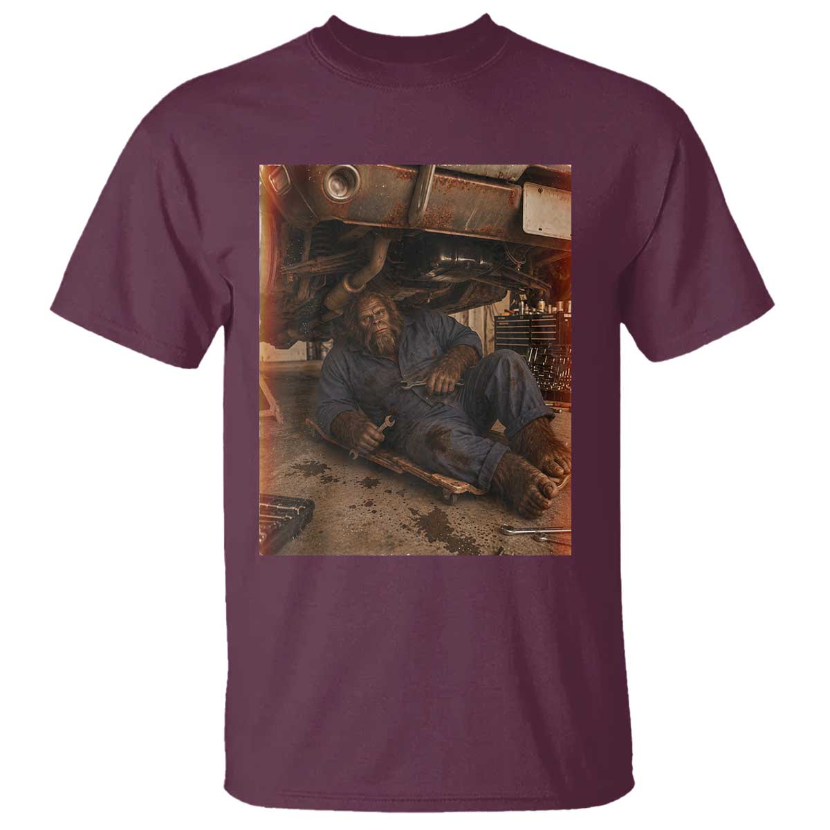 Bigfoot Mechanic Meme T Shirt Funny Sasquatch Fixing Cars TS12 Maroon Print Your Wear
