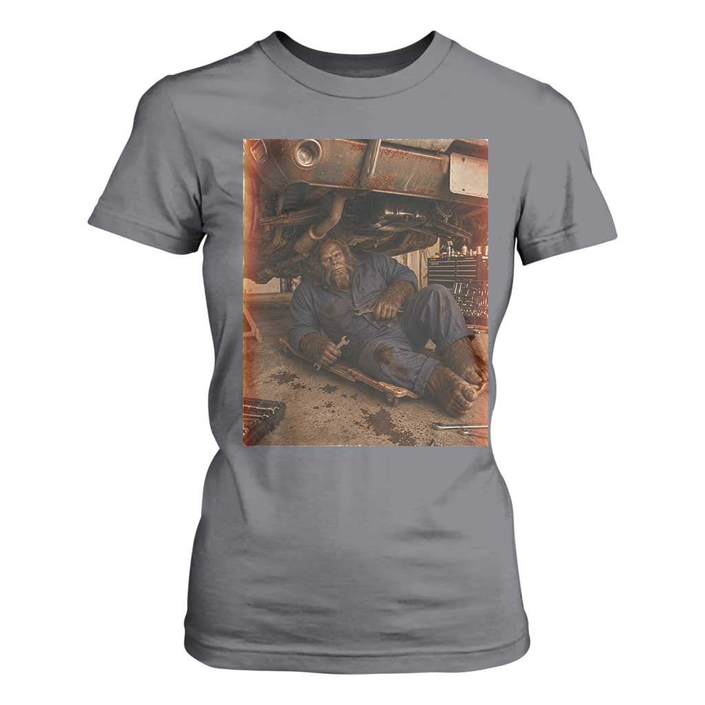 Bigfoot Mechanic Meme T Shirt For Women Funny Sasquatch Fixing Cars TS12 Charcoal Print Your Wear