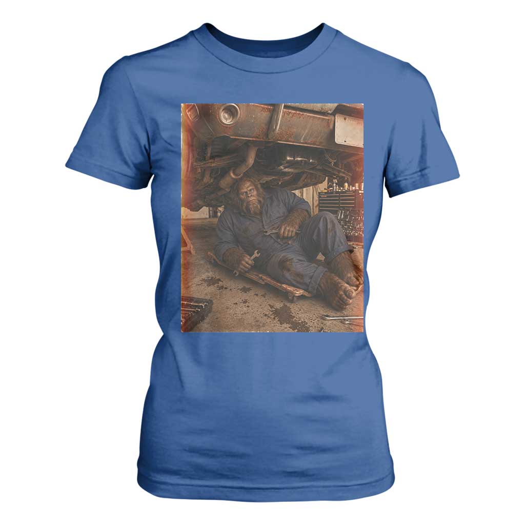 Bigfoot Mechanic Meme T Shirt For Women Funny Sasquatch Fixing Cars TS12 Royal Blue Print Your Wear