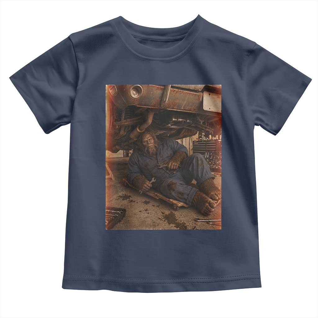 Bigfoot Mechanic Meme Toddler T Shirt Funny Sasquatch Fixing Cars TS12 Navy Print Your Wear