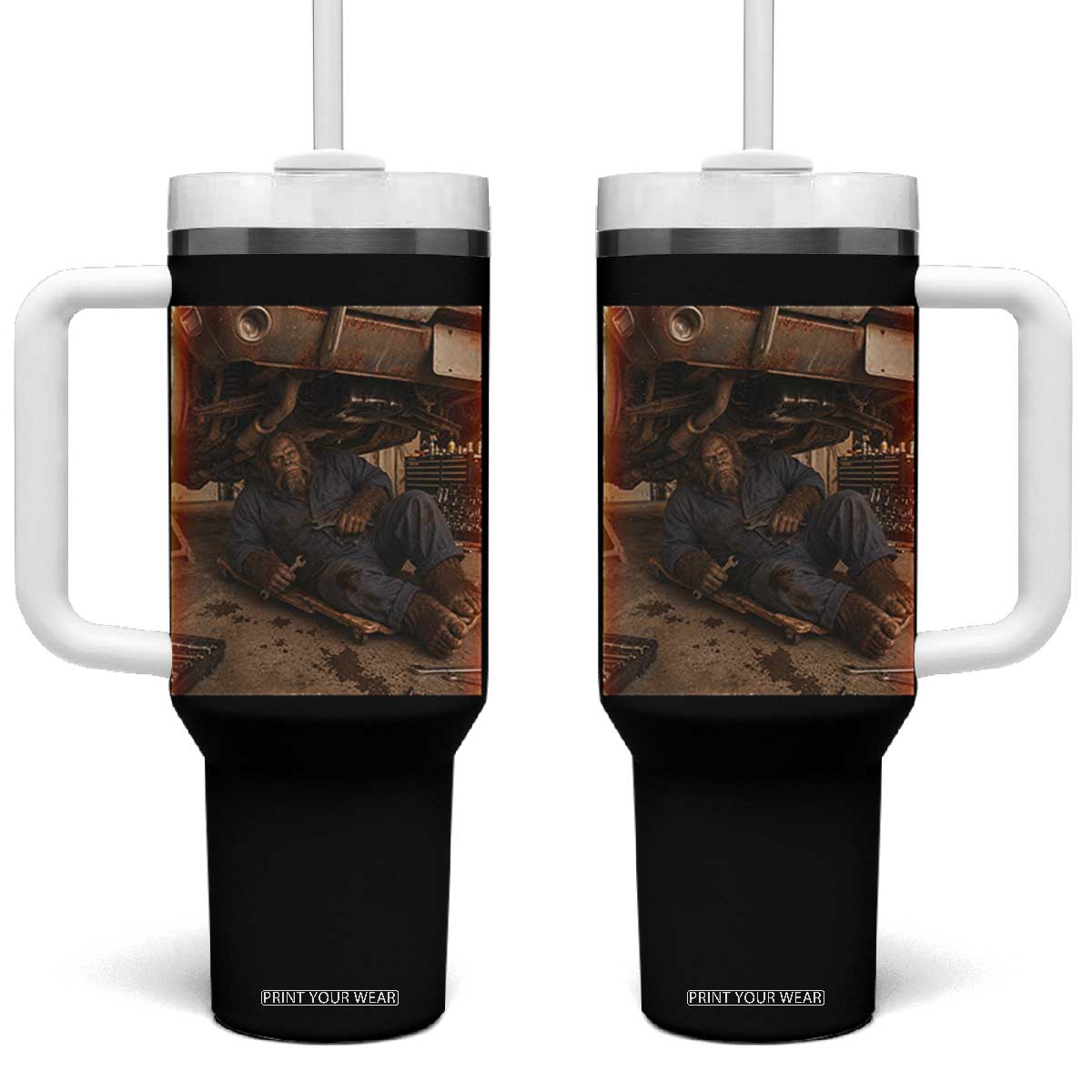 Bigfoot Mechanic Meme Tumbler With Handle Funny Sasquatch Fixing Cars TS12 One Size: 40 oz Black Print Your Wear