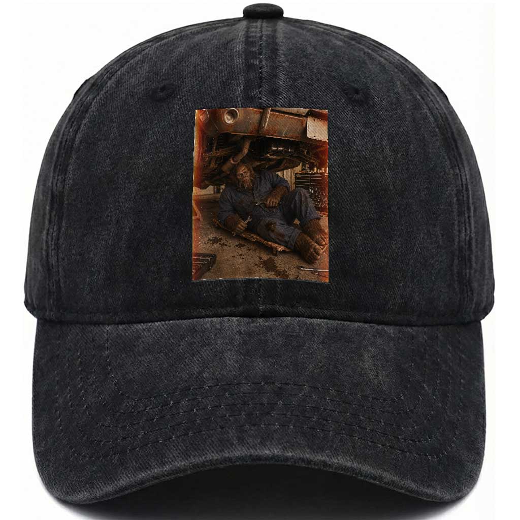 Bigfoot Mechanic Meme Washed Cotton Baseball Cap Funny Sasquatch Fixing Cars TS12 Print Your Wear