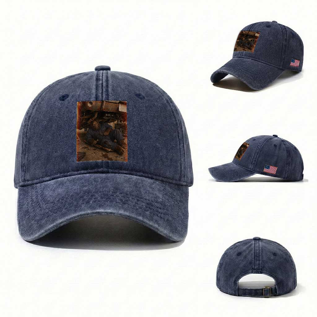 Bigfoot Mechanic Meme Washed Cotton Baseball Cap Funny Sasquatch Fixing Cars TS12 Washed Cap Universal Fit Navy Print Your Wear