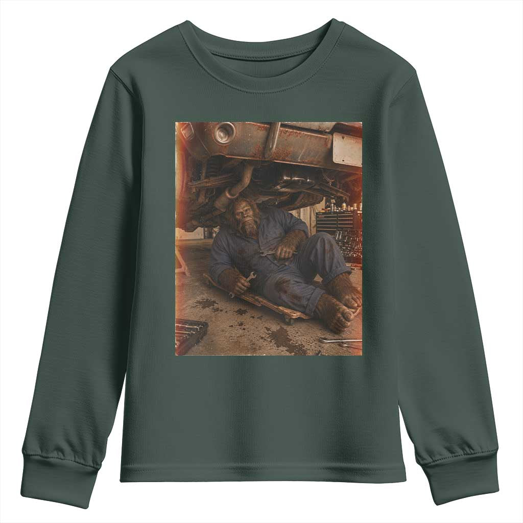 Bigfoot Mechanic Meme Youth Sweatshirt Funny Sasquatch Fixing Cars TS12 Dark Forest Green Print Your Wear