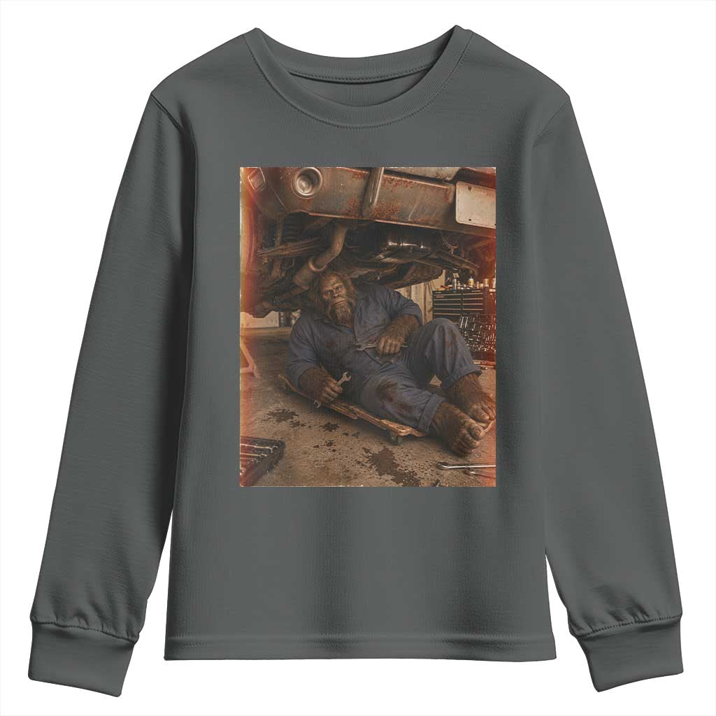 Bigfoot Mechanic Meme Youth Sweatshirt Funny Sasquatch Fixing Cars TS12 Dark Heather Print Your Wear