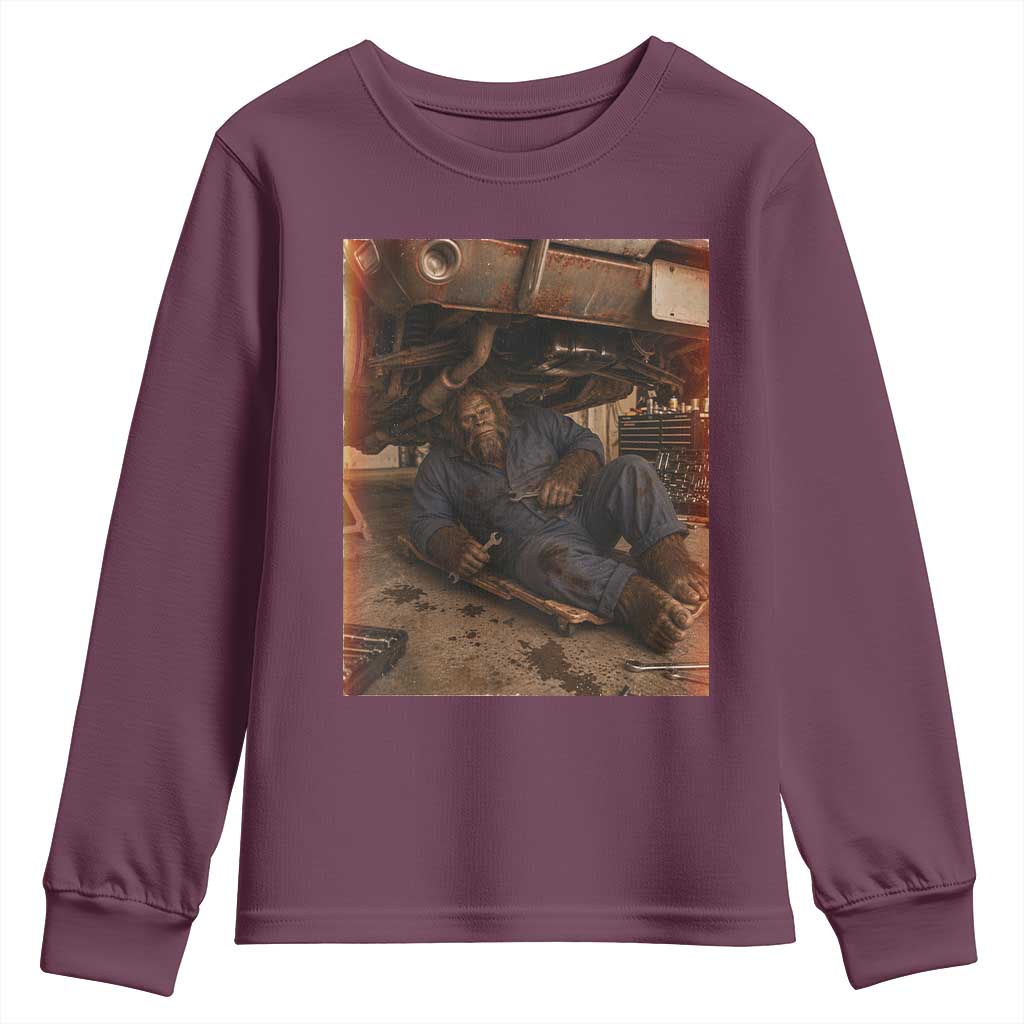 Bigfoot Mechanic Meme Youth Sweatshirt Funny Sasquatch Fixing Cars TS12 Maroon Print Your Wear