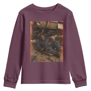 Bigfoot Mechanic Meme Youth Sweatshirt Funny Sasquatch Fixing Cars TS12 Maroon Print Your Wear